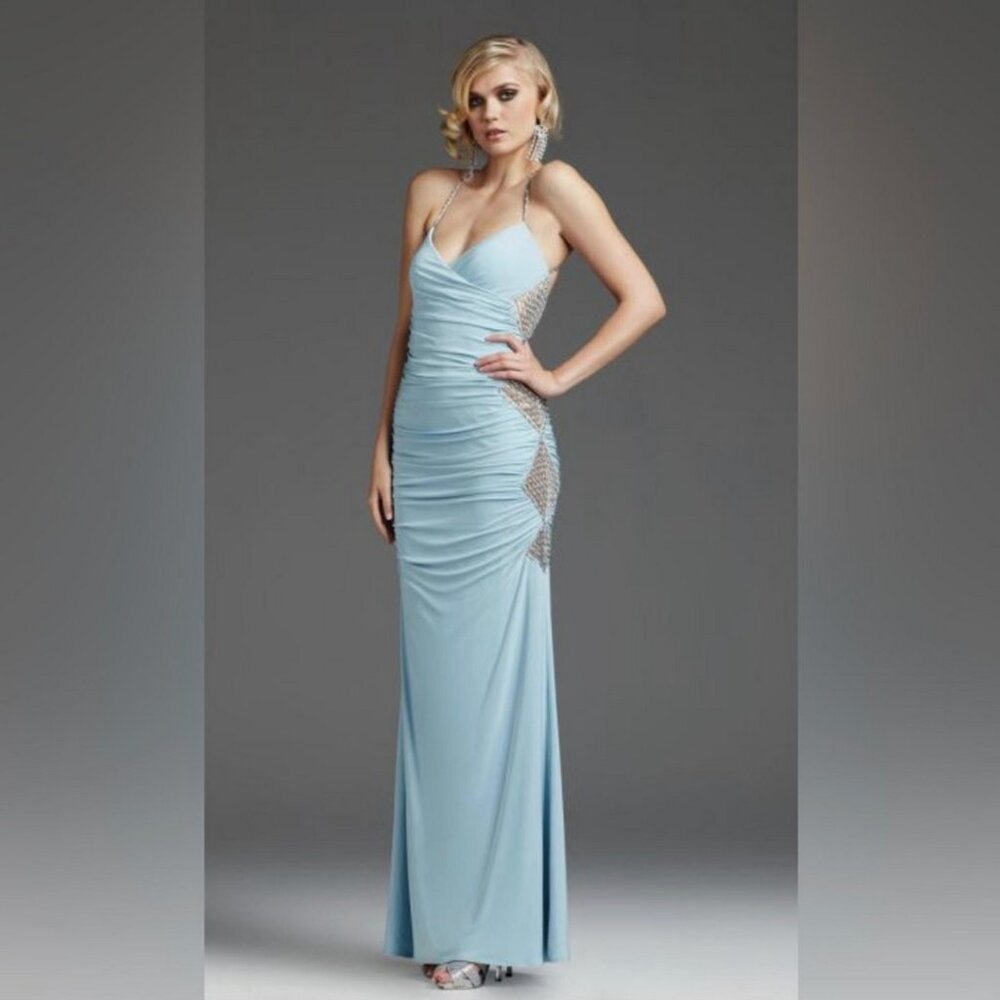 Mignon Ruched V Neck Evening Prom Gown Baby Blue Beaded